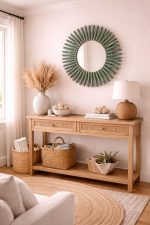 Marokkaanse Houten Spiegel – Ronde Handgeweven Raffia Lijst