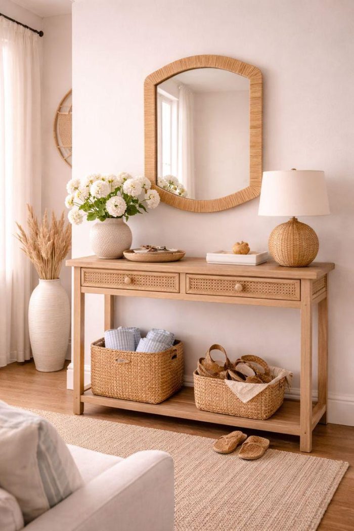 Marokkaanse Rechthoekige Raffia Spiegel – Handgeweven Wandspiegel - Afbeelding 4