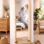 Handgemaakte Rechthoekige Houten Spiegel met Leren Band