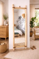 Handgemaakte Rechthoekige Houten Spiegel met Leren Band