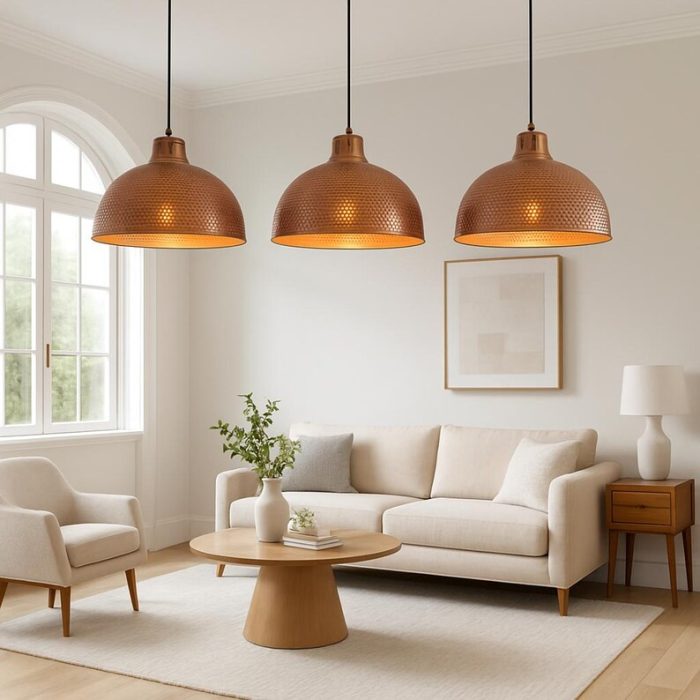 Gehamerde Messing Hanglamp met Bruine Patina - Afbeelding 3