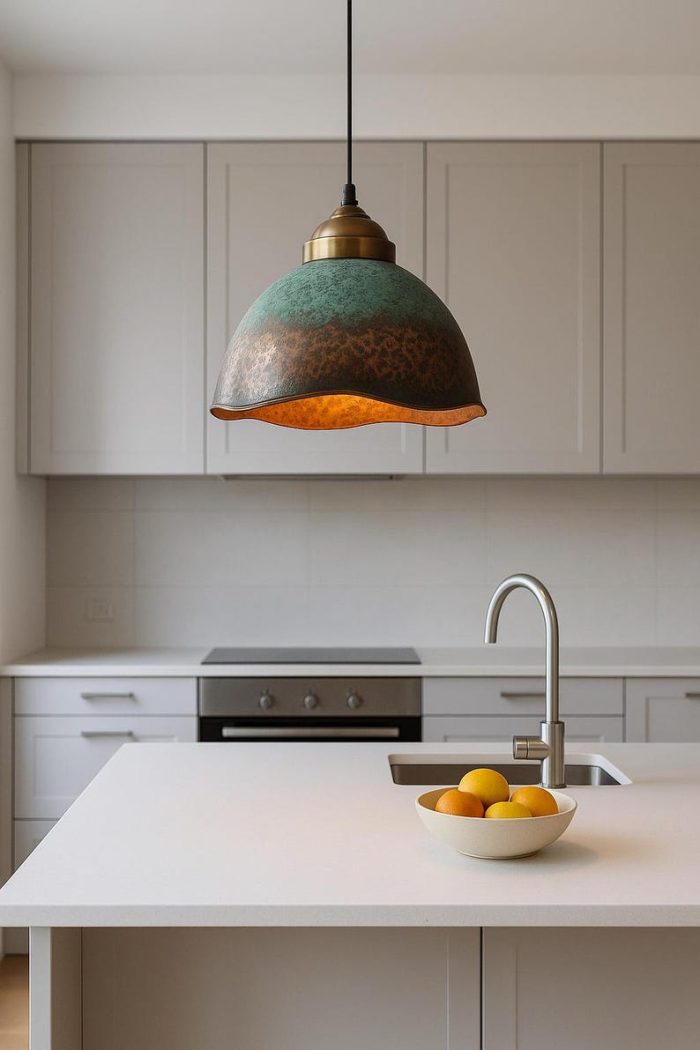 Gehamerde Messing Hanglamp met Bruine Patina - Afbeelding 2