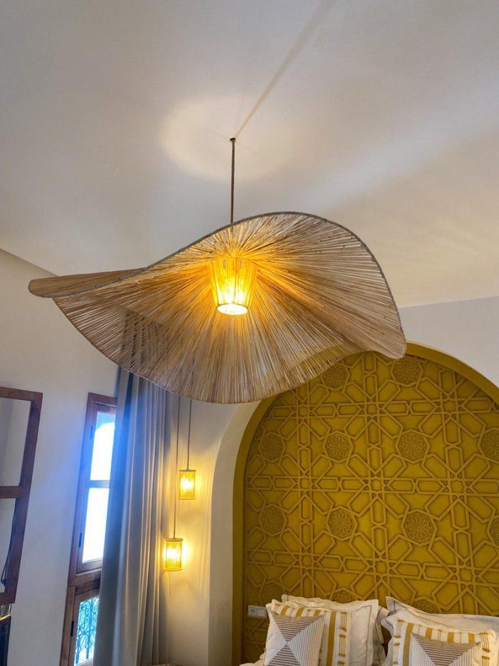 Handgemaakte Raffia Hanglamp – Marokkaanse Parasol Lampenkap - Afbeelding 2