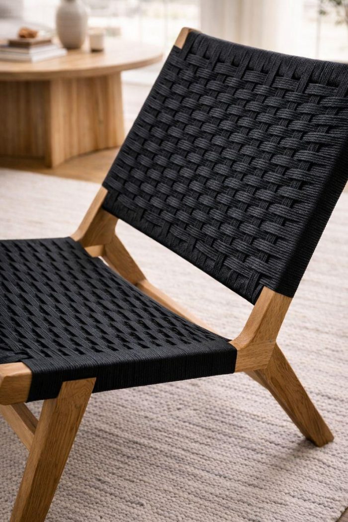 Marokkaanse Fauteuil van Walnoothout met Zwart Koord – Handgeweven Relaxstoel - Afbeelding 2