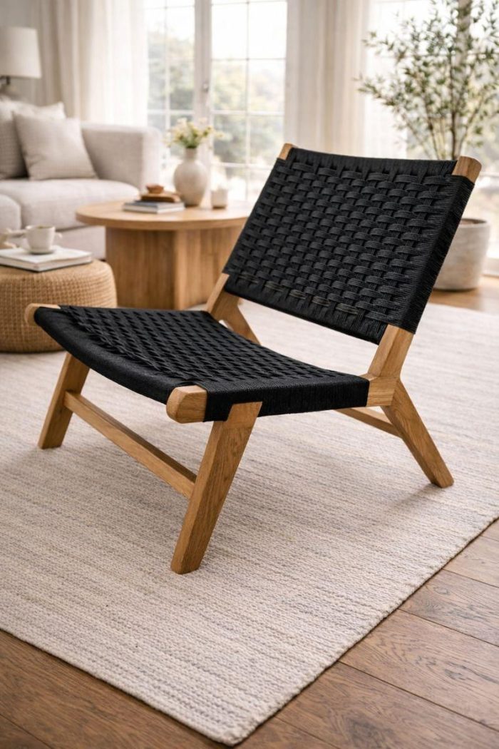 Marokkaanse Fauteuil van Walnoothout met Zwart Koord – Handgeweven Relaxstoel - Afbeelding 3
