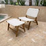 Marokkaanse Walnoothouten Fauteuil & Ottoman Set met Wit Koord