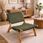 Marokkaanse Fauteuil van Walnoothout met Groen Koord – Handgeweven Relaxstoel