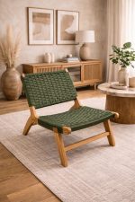 Marokkaanse Fauteuil van Walnoothout met Groen Koord – Handgeweven Relaxstoel