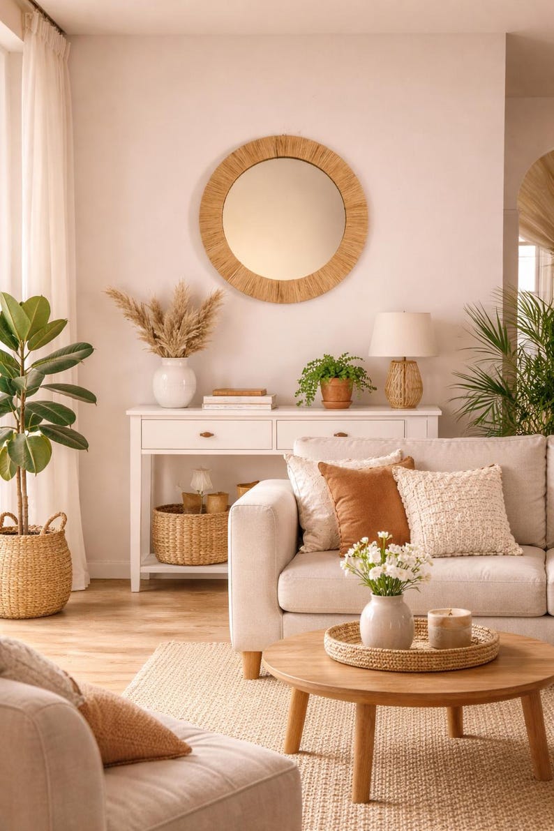 il_794xN.7568097501_kcss (1) Marokkaanse Raffia Spiegel – Ronde Handgeweven Wandspiegel - Afbeelding 1