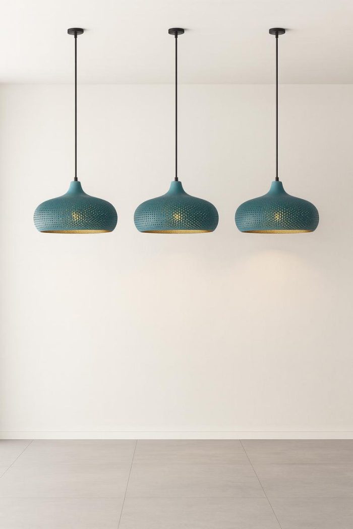Gehamerde Messing Hanglamp met Turquoise Patina - Afbeelding 2