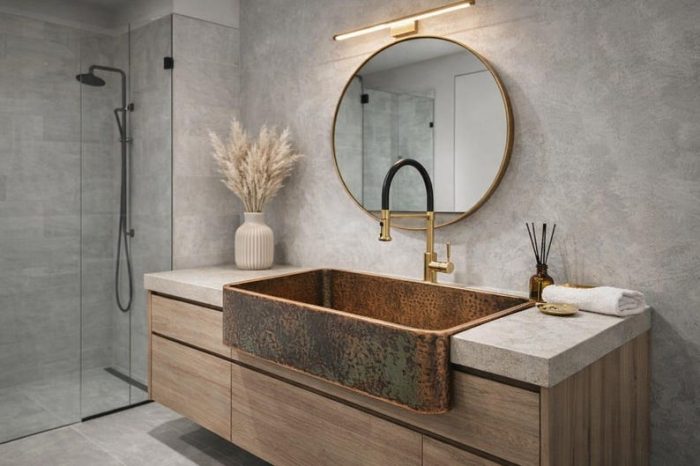 Antieke Koperen Apron-Front Wasbak – Rustieke Landelijke Badkamerwastafel - Afbeelding 4