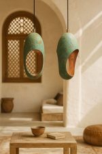 Set of 4 Turquoise Patina Copper Pendant Light – Modern Artisan Hanging Lamp ( 40 cm ) - Afbeelding 3