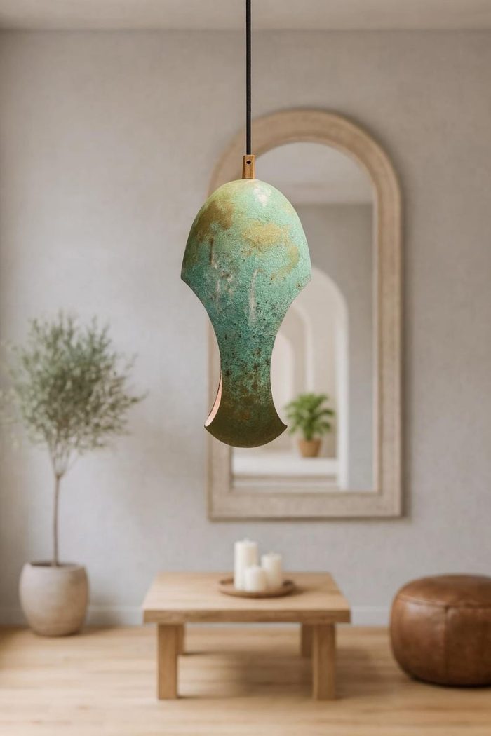 Set of 4 Turquoise Patina Copper Pendant Light – Modern Artisan Hanging Lamp ( 40 cm ) - Afbeelding 4