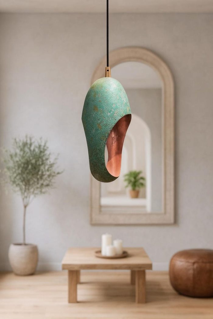 Set of 4 Turquoise Patina Copper Pendant Light – Modern Artisan Hanging Lamp ( 40 cm ) - Afbeelding 5
