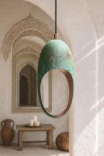 Set of 4 Turquoise Patina Copper Pendant Light – Modern Artisan Hanging Lamp ( 40 cm ) - Afbeelding 2