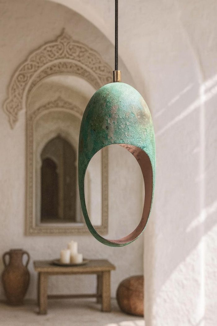 Set of 4 Turquoise Patina Copper Pendant Light – Modern Artisan Hanging Lamp ( 40 cm ) - Afbeelding 2