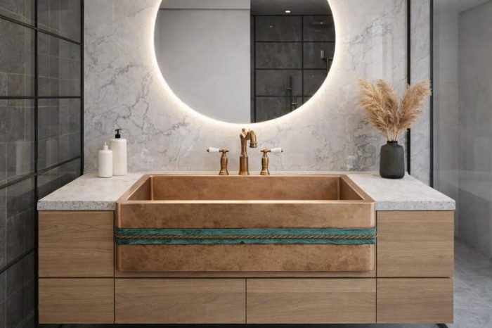 Rustieke Apron-Front Vessel Wasbak – Gehamerde Koperen Wasbak met Blauwe Band - Afbeelding 2