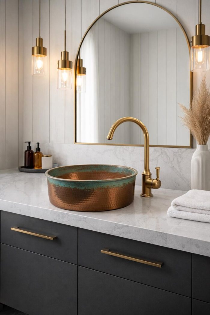 Koperen Opbouw Wasbak met Groene Patinarand – Gehamerde Ronde Kom - Afbeelding 2