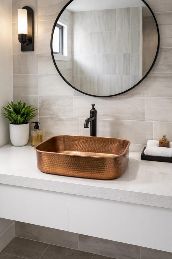 Handgemaakte Gehamerde Koperen Rechthoekige Opbouw Wasbak – Rustieke Kom - Afbeelding 2