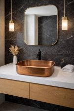 Handgemaakte Gehamerde Koperen Rechthoekige Opbouw Wasbak – Rustieke Kom - Afbeelding 4