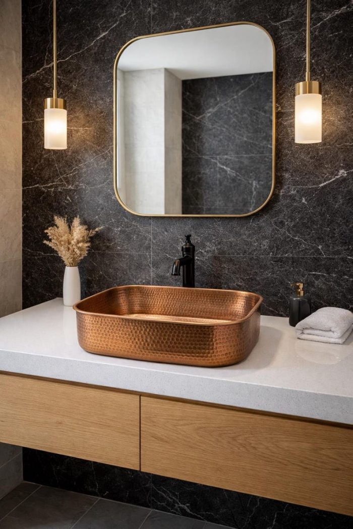 Handgemaakte Gehamerde Koperen Rechthoekige Opbouw Wasbak – Rustieke Kom - Afbeelding 4