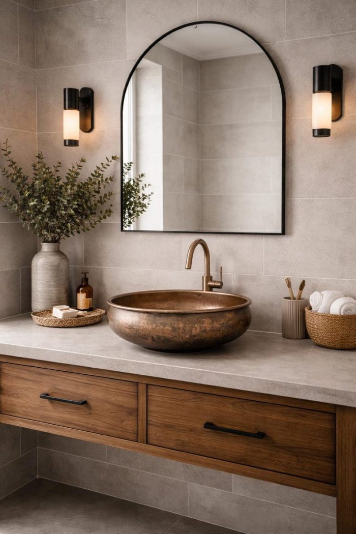 Antieke Koperen Ronde Opbouw Wasbak – Rustieke Patina Kom - Afbeelding 2