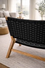 Marokkaanse Fauteuil van Walnoothout met Zwart Koord – Handgeweven Relaxstoel - Afbeelding 4