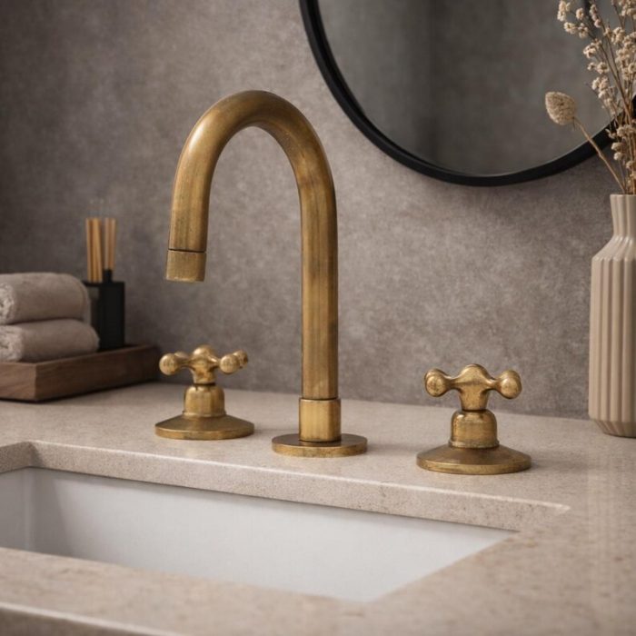 Antiek Messing Widespread Badkamerkraan – 3-Gats Set met Kruishendels - Afbeelding 5