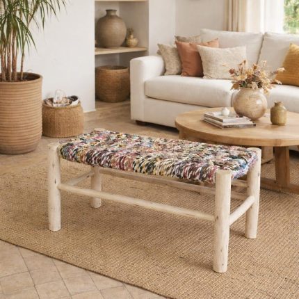 Marokkaanse Bank met Boucherouite Touw – Kleurrijke Handgemaakte Bank