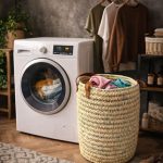 Natuurlijke Ronde Geweven Wasmand met Leren Handgrepen