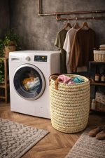 Natuurlijke Ronde Geweven Wasmand met Leren Handgrepen