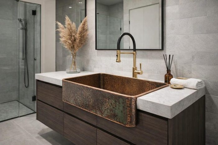 Antieke Koperen Apron-Front Wasbak – Rustieke Landelijke Badkamerwastafel - Afbeelding 2