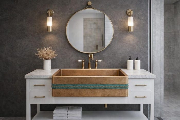 Rustieke Apron-Front Vessel Wasbak – Gehamerde Koperen Wasbak met Blauwe Band - Afbeelding 3