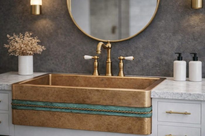 Rustieke Apron-Front Vessel Wasbak – Gehamerde Koperen Wasbak met Blauwe Band - Afbeelding 4