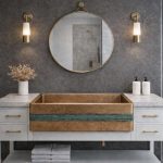 Rustieke Apron-Front Vessel Wasbak – Gehamerde Koperen Wasbak met Blauwe Band