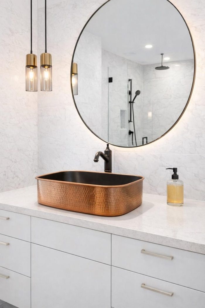 Rechthoekige Gehamerde Koperen Opbouw Wasbak – Moderne Waskom voor op het Blad - Afbeelding 2