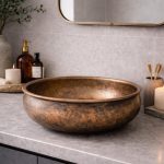 Antieke Koperen Ronde Opbouw Wasbak – Rustieke Patina Kom