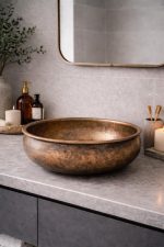 Antieke Koperen Ronde Opbouw Wasbak – Rustieke Patina Kom