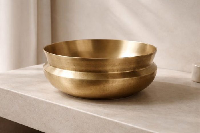 Geborstelde Messing Ronde Opbouw Waskom - Afbeelding 3