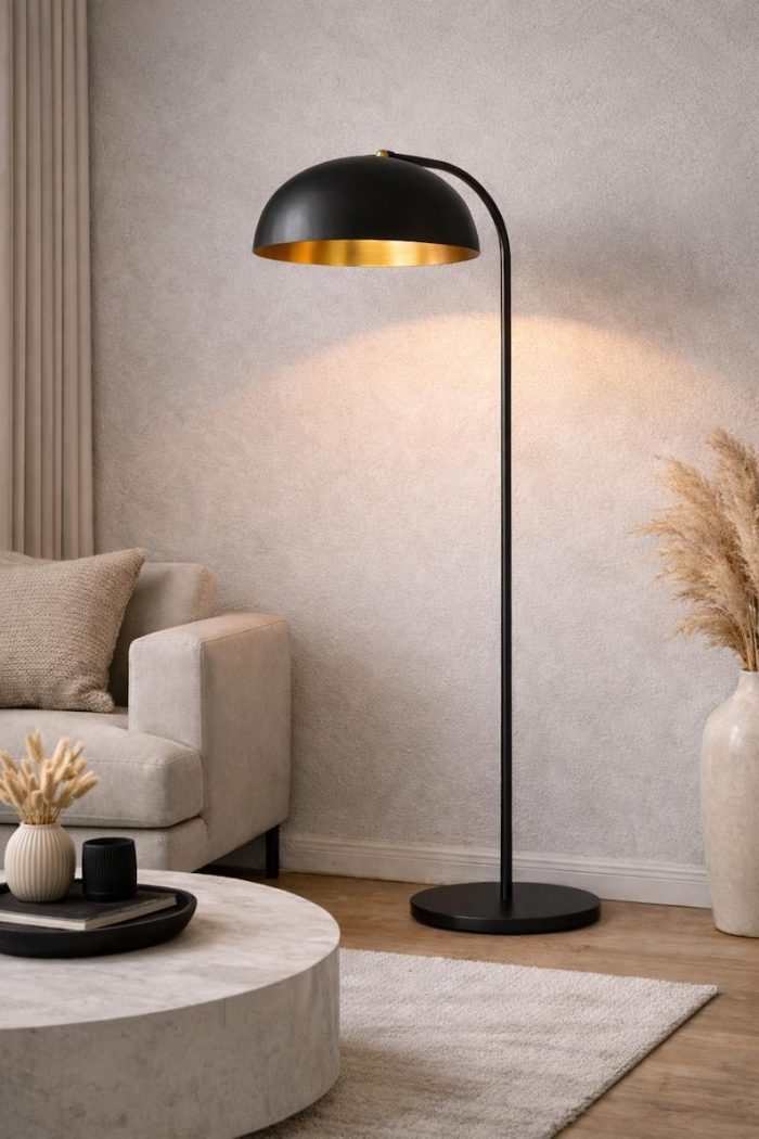 Moderne Zwart & Goud Boogvloerlamp – Minimalistische Koepelkap - Afbeelding 3