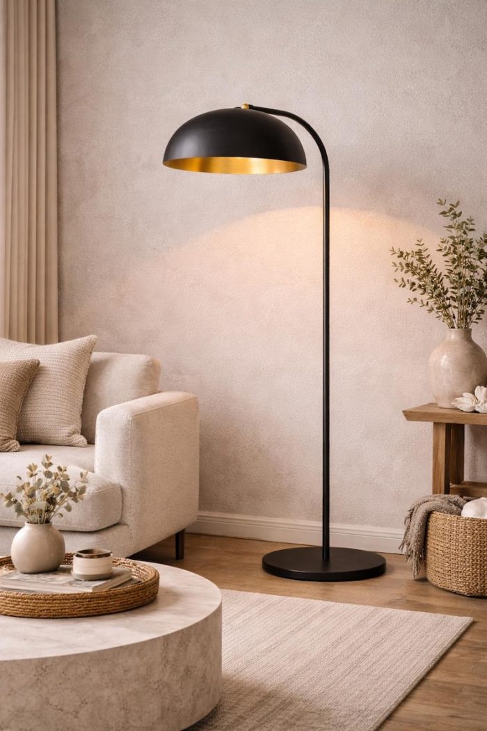 Moderne Zwart & Goud Boogvloerlamp – Minimalistische Koepelkap - Afbeelding 4