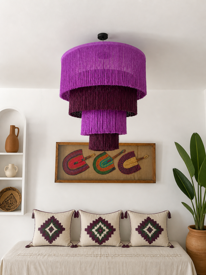 Purple fringe chandelier with cascading plum and purple tiers