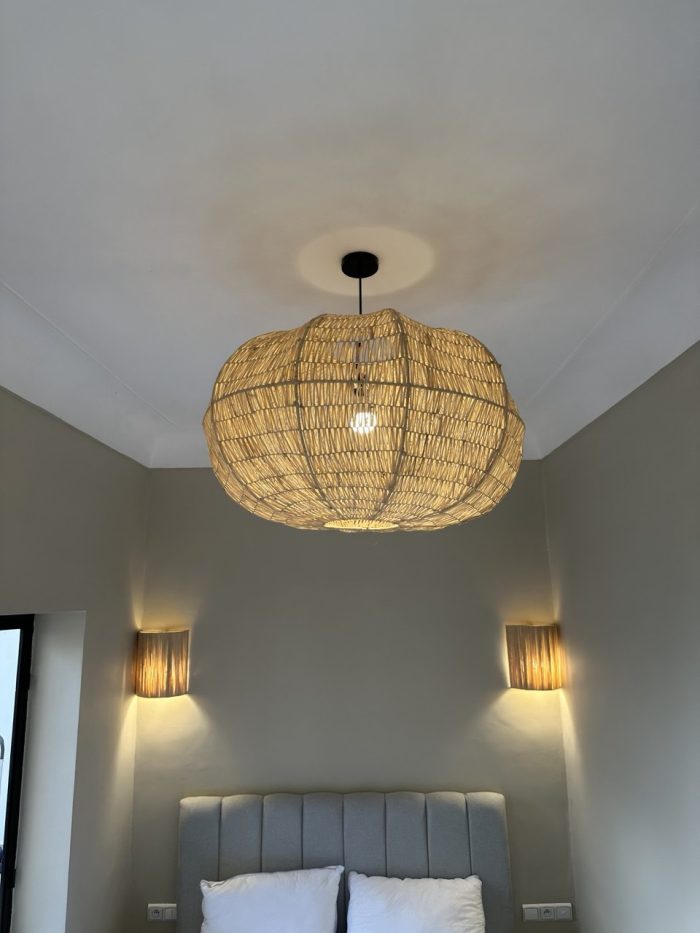 Moroccan raffia pendant light with handmade wavy woven shade