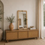 Rectangular Raffia Mirror handcrafted with a natural woven raffia frame for boho wall décor