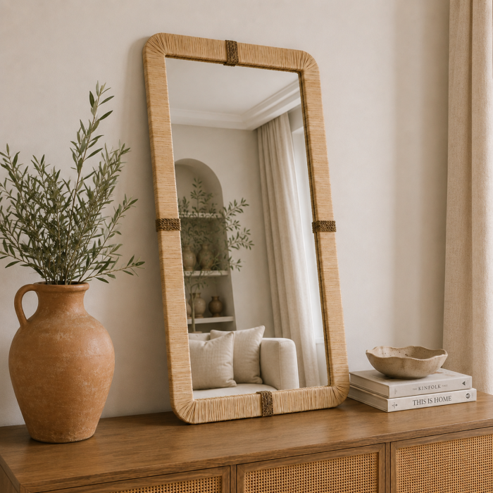 Rectangular Raffia Mirror handcrafted with a natural woven raffia frame for boho wall décor