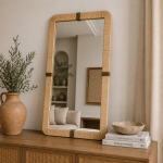 Rectangular Raffia Mirror handcrafted with a natural woven raffia frame for boho wall décor