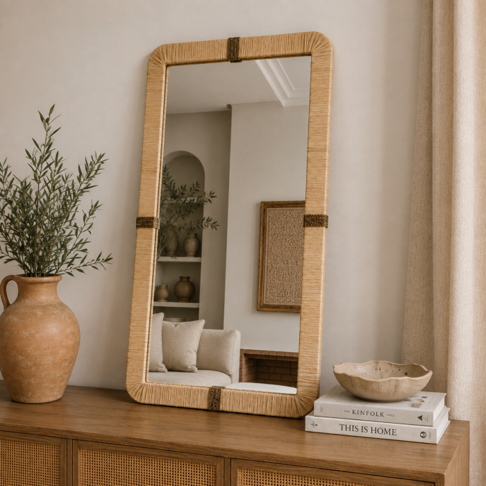 Rectangular Raffia Mirror handcrafted with a natural woven raffia frame for boho wall décor