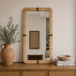 Rectangular Raffia Mirror handcrafted with a natural woven raffia frame for boho wall décor
