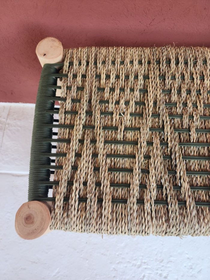 Green Cord & Palm Leaf Bench handcrafted from solid eucalyptus wood with handwoven green cord and natural palm leaf weaving