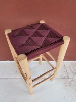 Burgundy Cord Stool handcrafted from solid wood with a handwoven burgundy cord seat